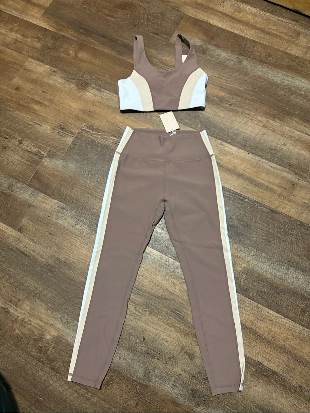 Taupe High-Waist Leggings & Sports Bra - Two-Tone Taupe and Cream
